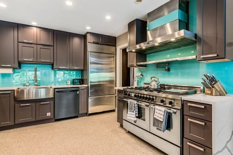 Professional 6 burner gas stove with flat cook-top & subzero refrigerator