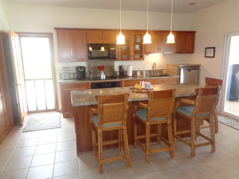 The fully equipped kitchen with an island counter to watch the chef's creations come to life