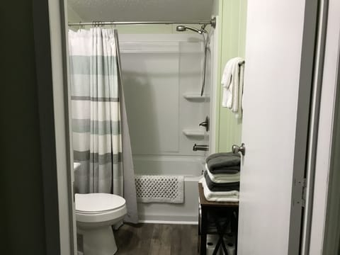 Combined shower/tub, hair dryer, towels, soap