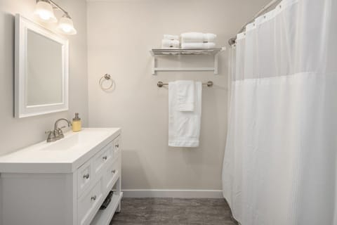 Combined shower/tub, hair dryer, towels, soap