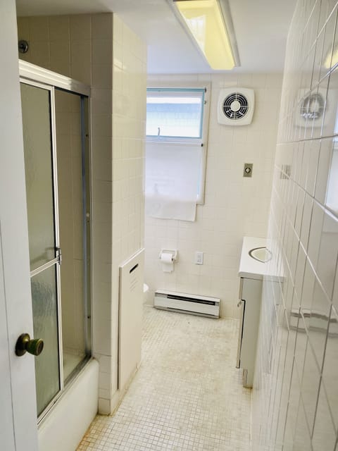 Combined shower/tub, hair dryer, toilet paper