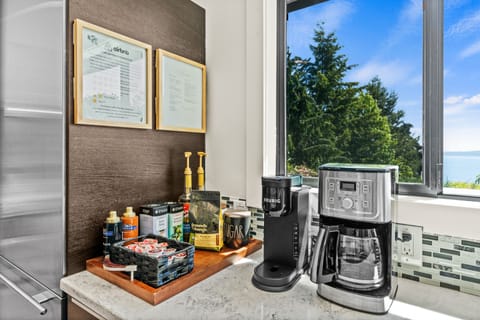 Coffee bar with Keurig, drop coffee, teas, and flavor shots.