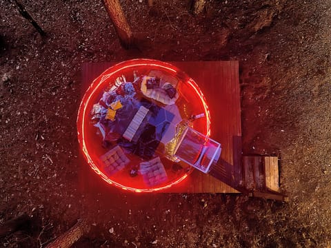 An enchanting retreat in the woods—glowing warmth, starry skies, and pure magic.