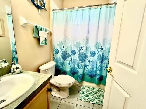 Combined shower/tub, hair dryer, towels, shampoo