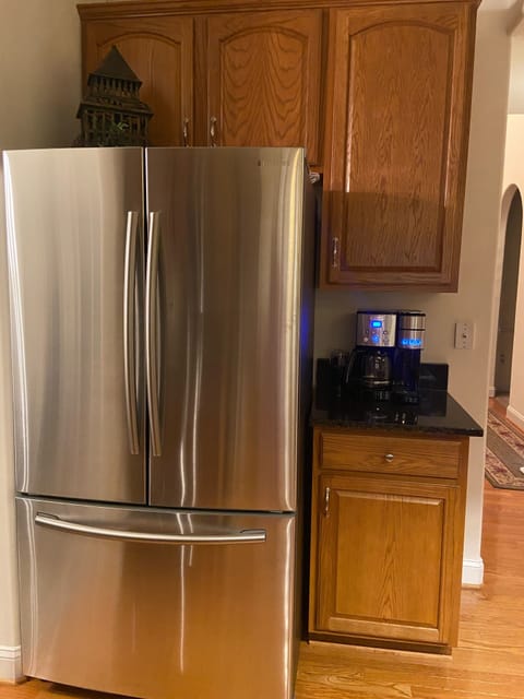 Full size refrigerator, 12 cup coffee pot and Keurig coffee pod machine