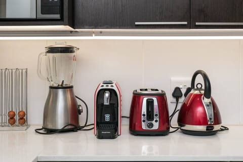 Fridge, microwave, coffee/tea maker, electric kettle