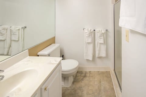 Combined shower/tub, hair dryer, towels, soap