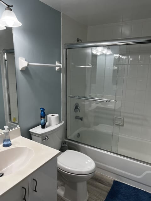 Combined shower/tub, hair dryer, towels