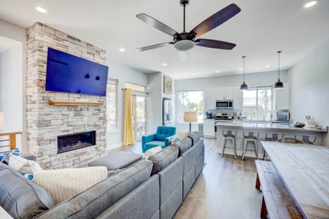 65 inch TV with fireplace.