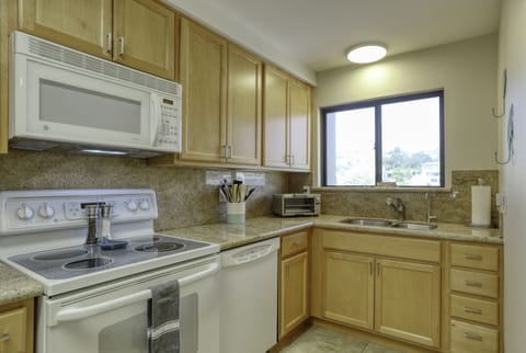 A double sink and dishwasher helps simplify clean-up after meals.