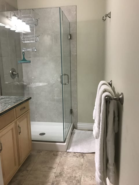 Shower, towels, soap, shampoo