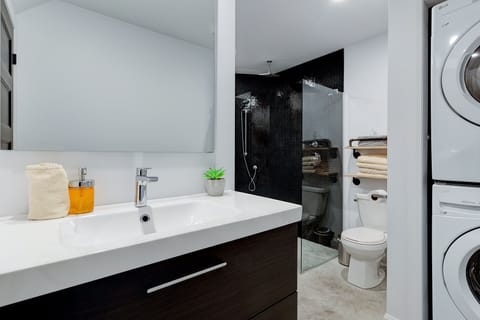 Bathroom | Shower, hair dryer, towels, toilet paper