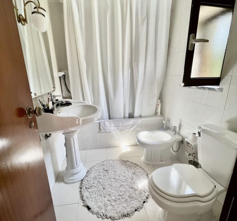 Combined shower/tub, bidet, towels, toilet paper