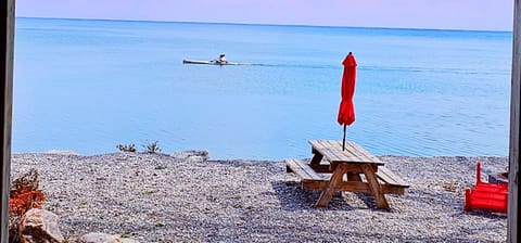 On the beach, sun loungers