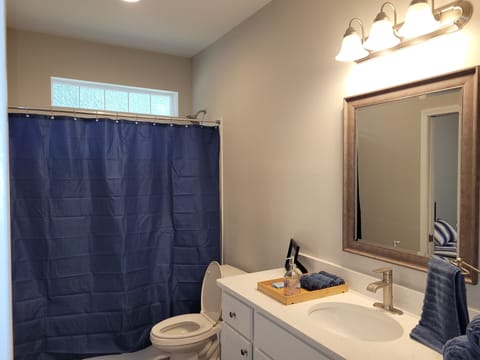 Combined shower/tub, hair dryer, towels, soap