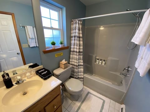 Combined shower/tub, hair dryer, towels, soap