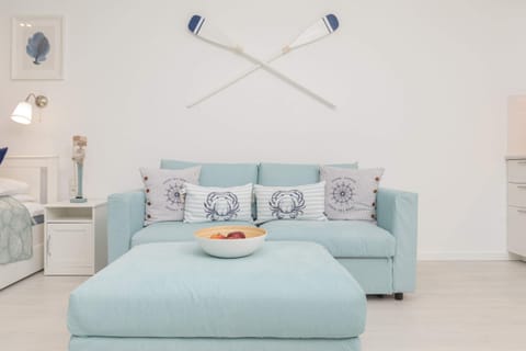 Modern and bright studio with a sofa bed and TV.