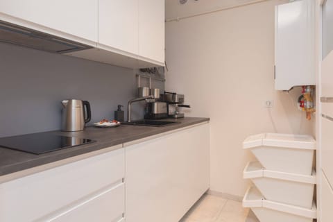 Kitchenette with induction hob, fridge, freezer, toaster, electric kettle and dishwasher.