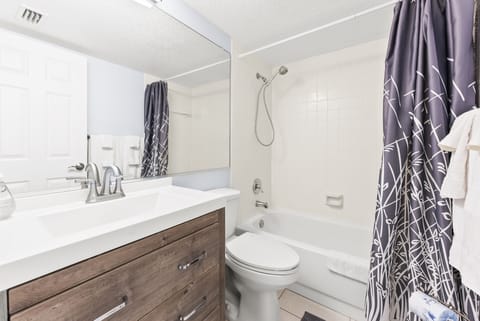 Combined shower/tub, hair dryer, towels