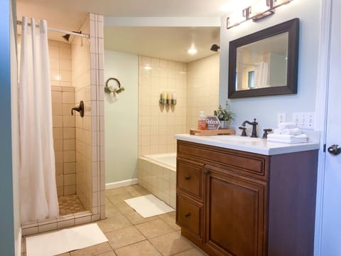 Combined shower/tub, jetted tub, hair dryer, towels