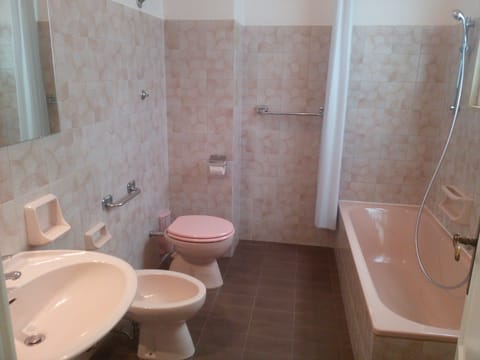 Combined shower/tub, hair dryer, bidet, towels