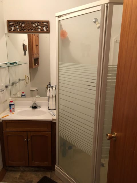 Combined shower/tub, hair dryer, towels, soap