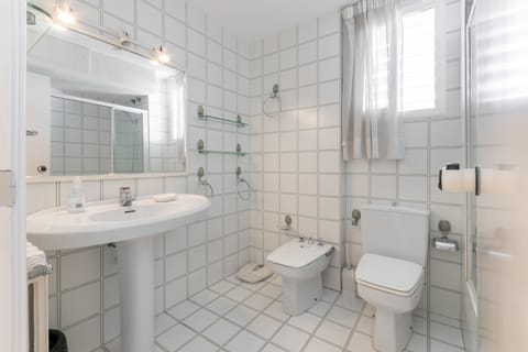 Combined shower/tub, hair dryer, bidet, towels