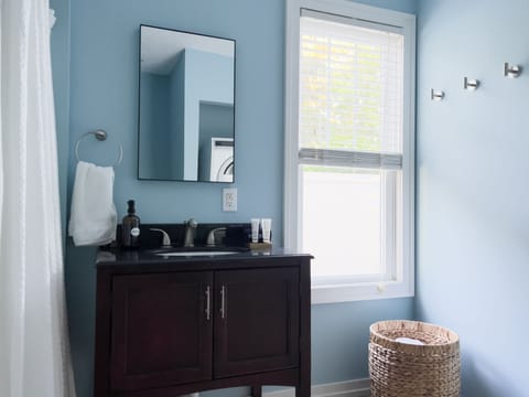 Combined shower/tub, hair dryer, towels