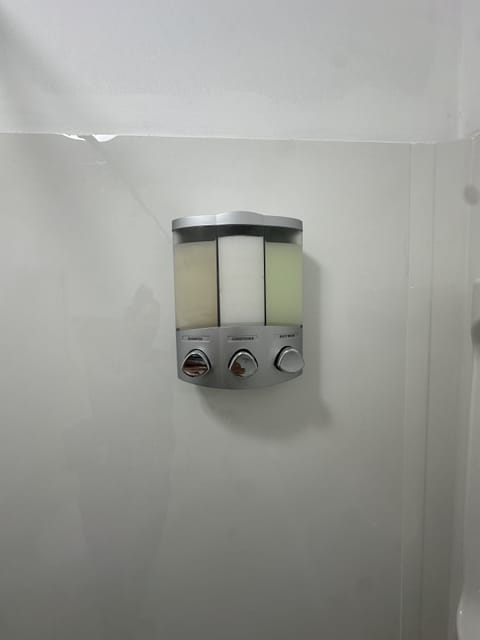 Combined shower/tub, hair dryer, towels, soap