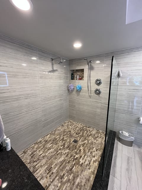 Combined shower/tub, hair dryer, towels, toilet paper