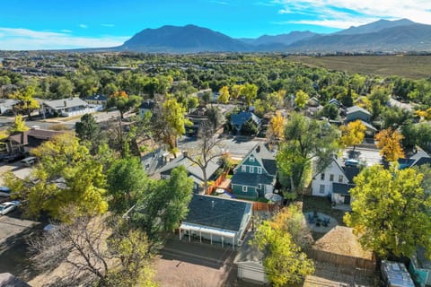Aerial view showcasing Old Colorado City’s historic charm and tree-lined streets—an unbeatable central location for exploring Colorado Springs.