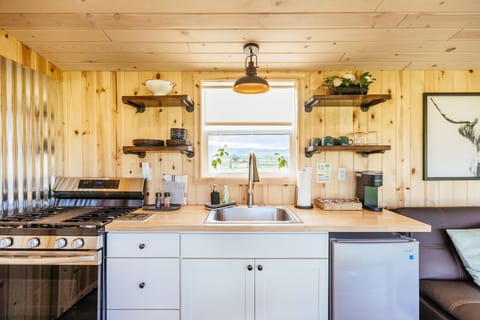 Fridge, oven, stovetop, coffee/tea maker