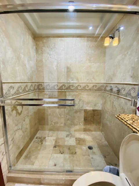 Combined shower/tub, jetted tub, towels, soap