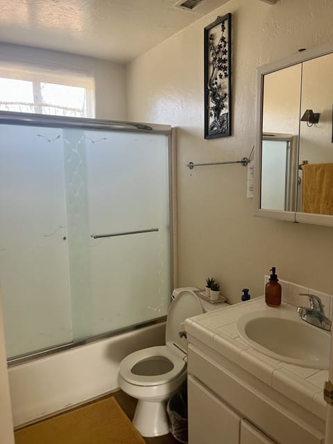 Combined shower/tub, hair dryer, towels, soap