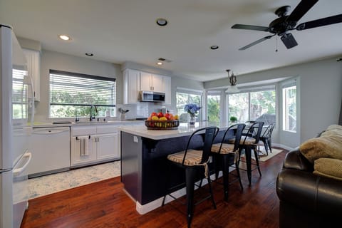Meal times in the beautifully renovated kitchen.