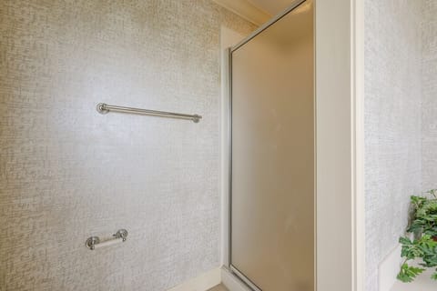 Combined shower/tub, hair dryer, towels