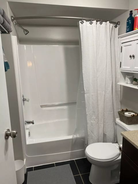 Combined shower/tub, hair dryer, towels, soap