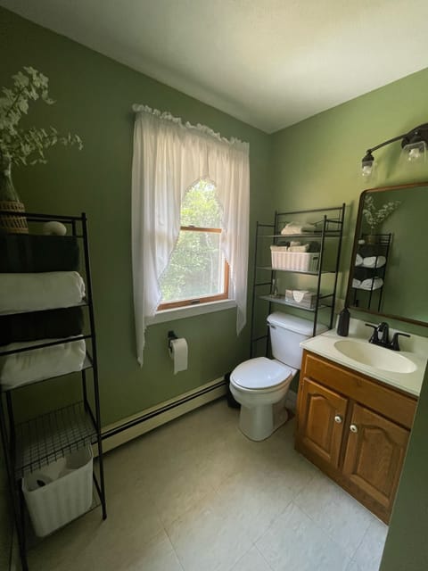 Combined shower/tub, hair dryer, towels, soap