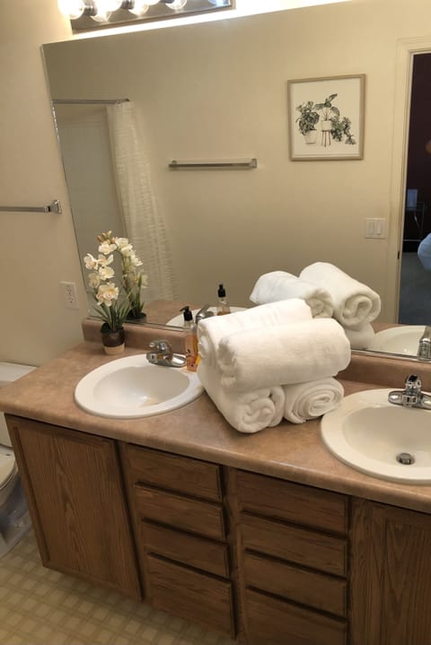 Combined shower/tub, hair dryer, towels, soap