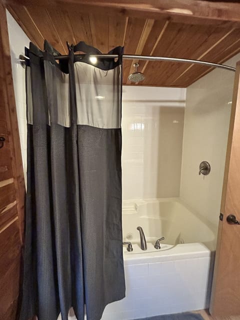 Combined shower/tub, jetted tub, rainfall showerhead, hair dryer