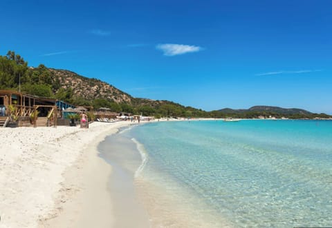 On the beach, sun loungers