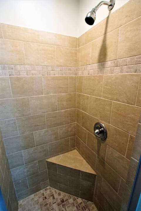 Shower, hair dryer, towels, toilet paper