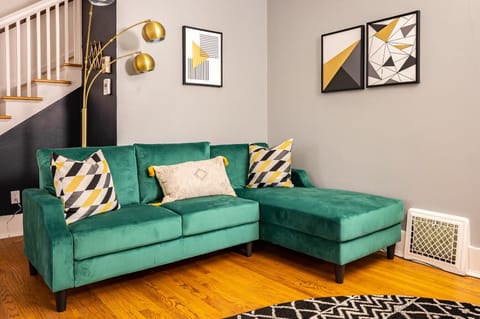 Lucky green couch in Living Room