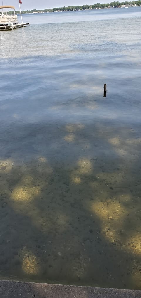 Clear water, sandy bottom.