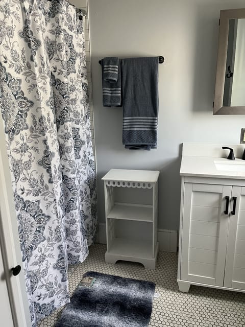 Combined shower/tub, hair dryer, towels, soap