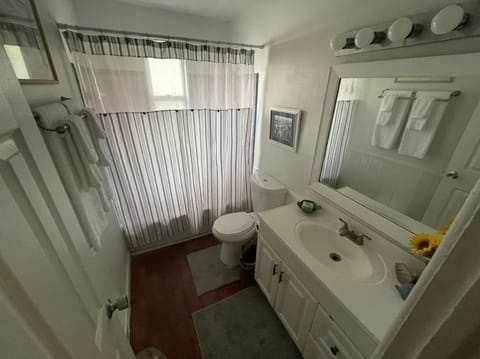 Combined shower/tub, towels, soap, toilet paper