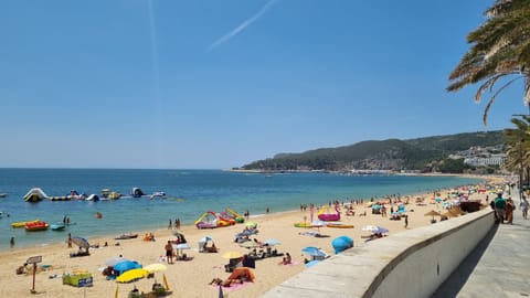 On the beach, sun loungers