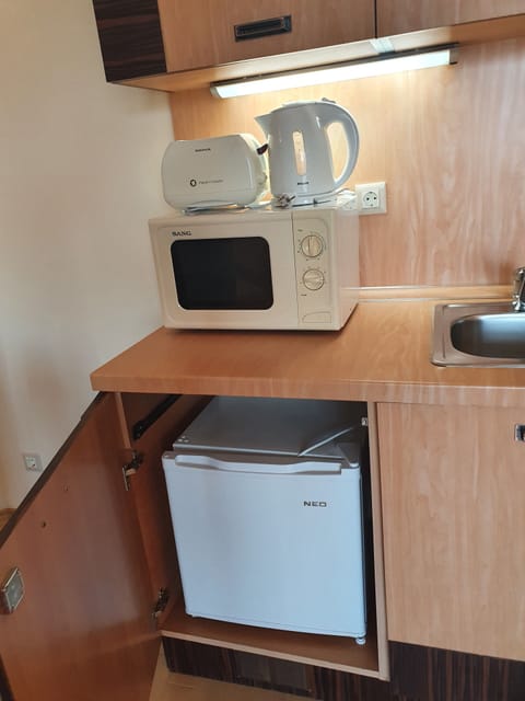 Fridge, microwave, stovetop, cookware/dishes/utensils