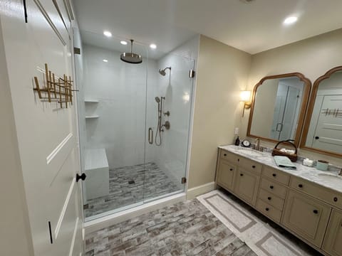 Combined shower/tub, jetted tub, hair dryer, towels