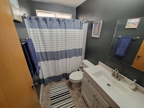 Combined shower/tub, hair dryer, towels, soap